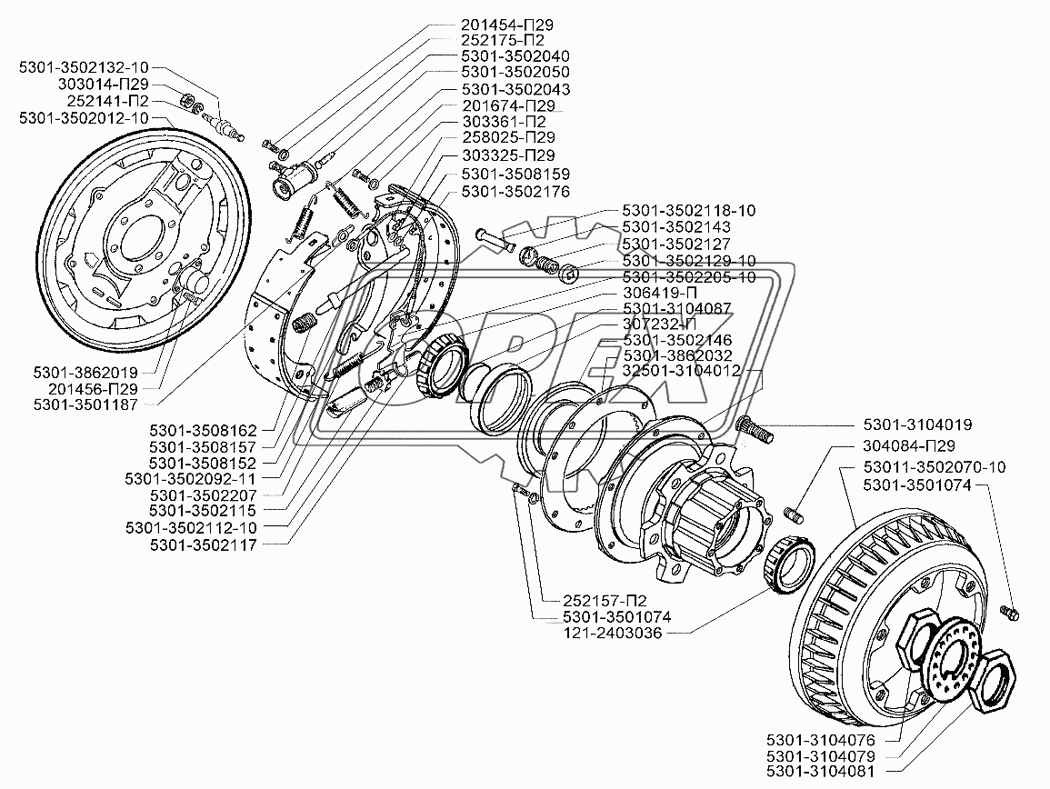 Тормозной механизм и ступица заднего колеса (с автоматическим регулятором зазора)